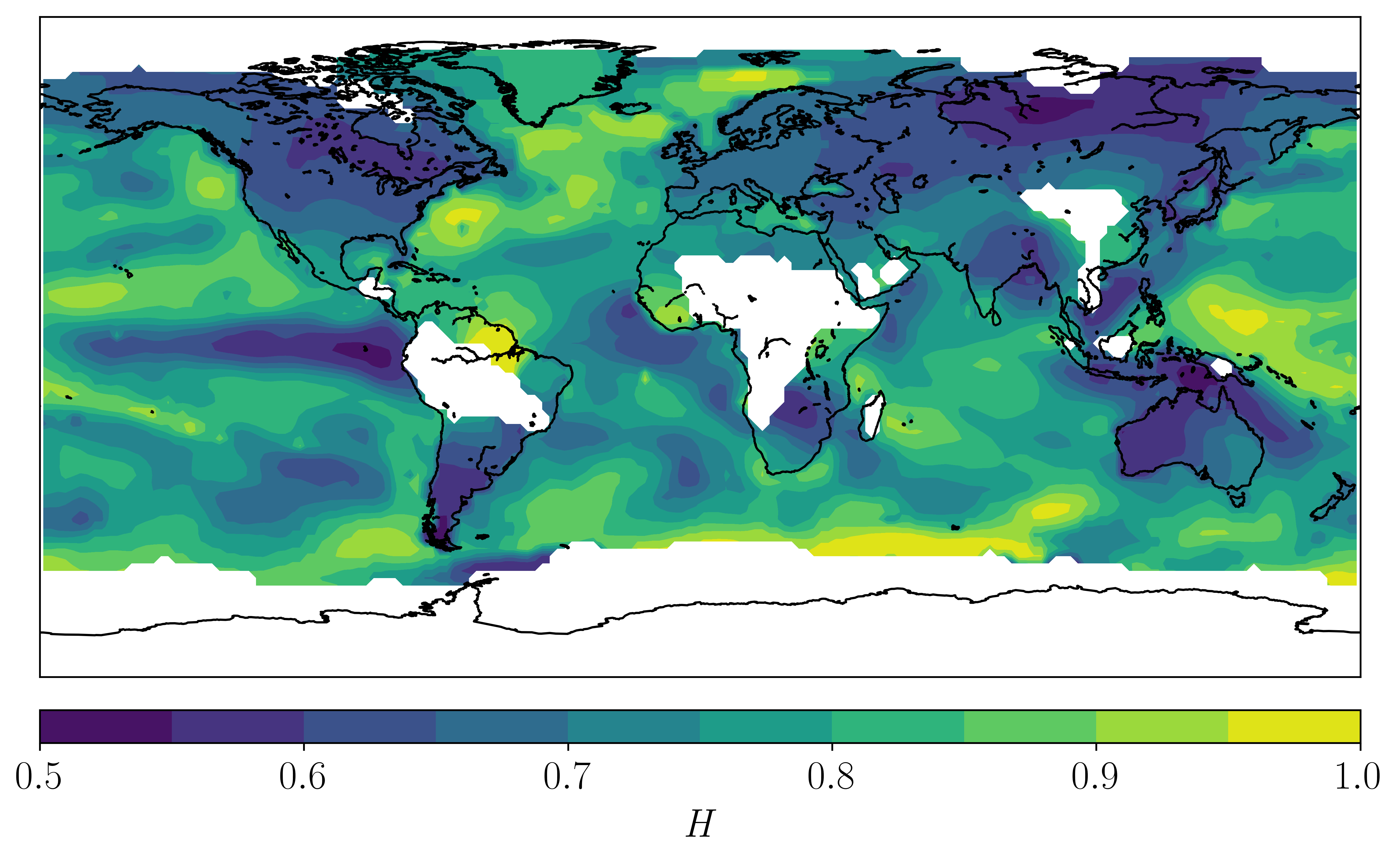 Image taken from Myrvoll-Nilsen et al. (2019). The posterior marginal mean estimate of the Hurst exponent obtained from fitting an fGn model using global radiative forcing to local time series data from the GISTEMP v4 spatio-temporal temperature dataset, for the years 1900–2015.